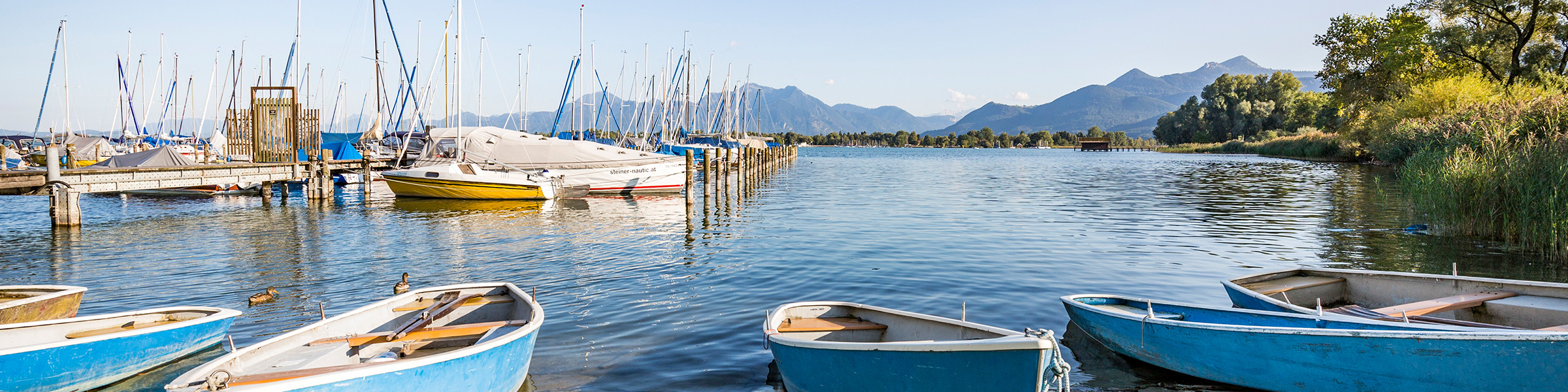 Bootsanleger mit mehreren kleinen Ruderbooten im Hafen.