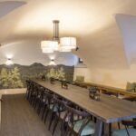 Tagungsraum mit modernen Stühlen und Gewölbedecke vor Motivtapete mit Wald - Schlosskeller