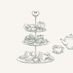 Zeichnung einer Teekanne mit Tasse und Etagere mit Pastrys