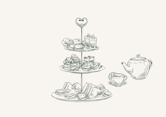 Zeichnung einer Teekanne mit Tasse und Etagere mit Pastrys